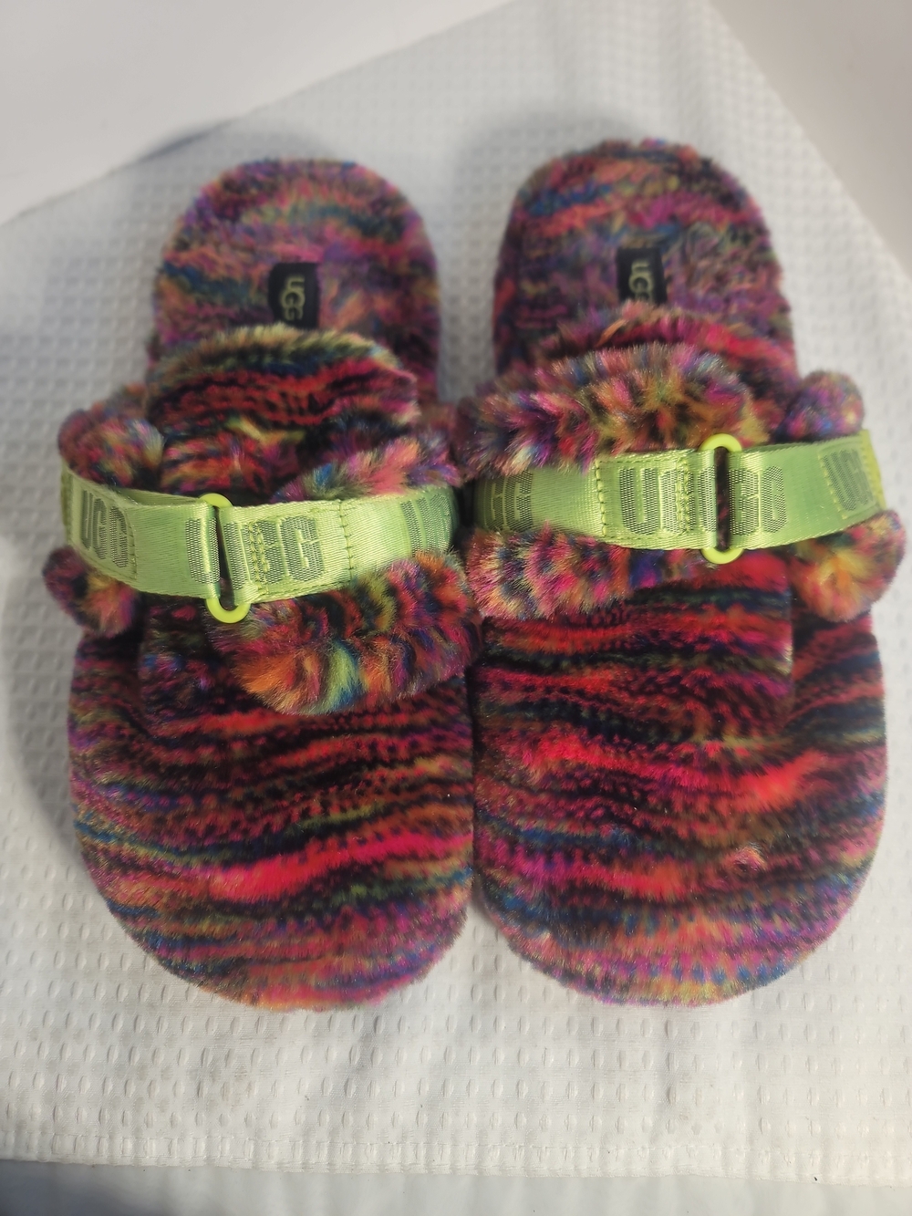 UGG Men Multicolor Fuzzy Slide Slippers with Lime Strap